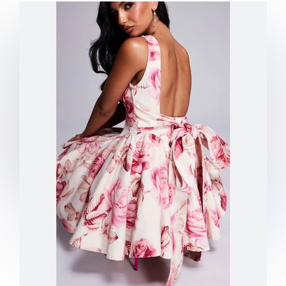 ASOS LUXE denim corseted printed skater mini dress bow back pink Rose floral NEW - Picture 3 of 8